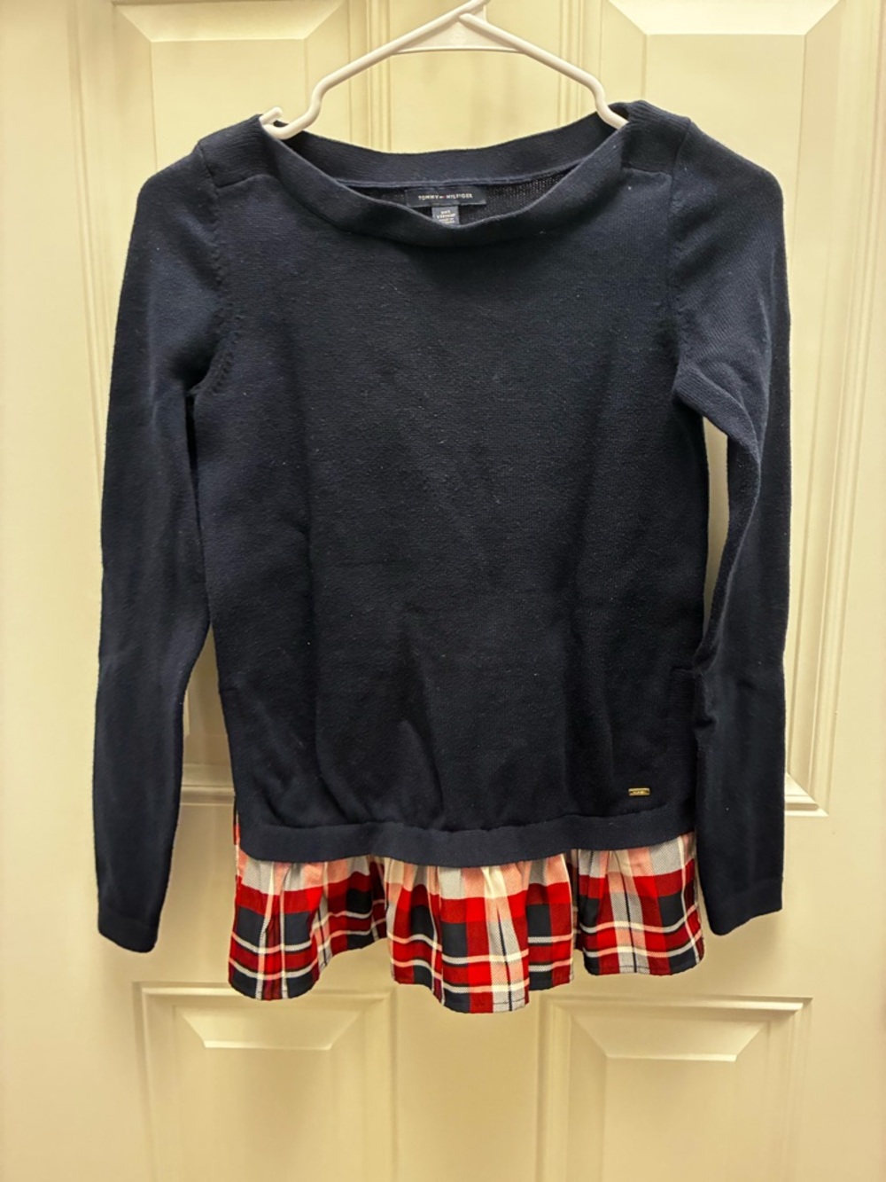 Tommy Hilfiger Navy Sweater Top with Red Plaid Hem